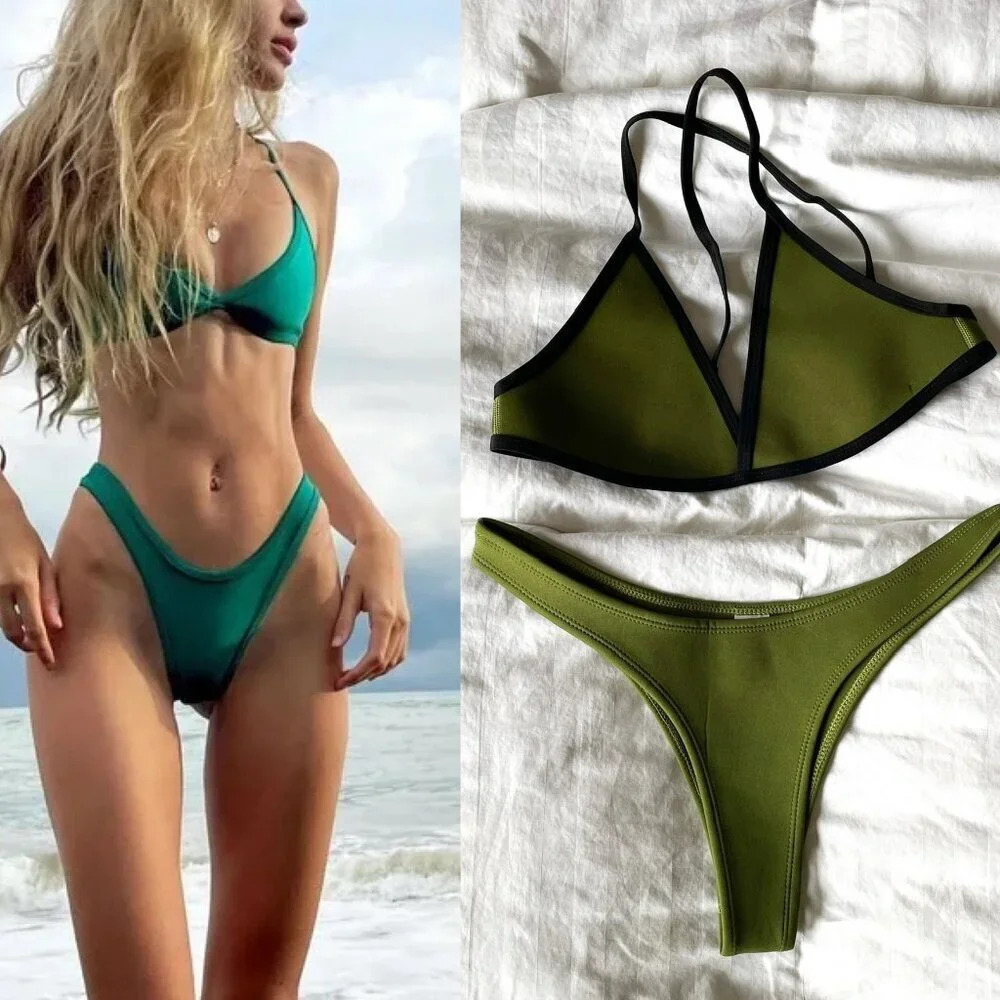 Hoaka Triangl Bikini Swimsuit SET Cheeky High Cut Bottoms Olive Green Size Large